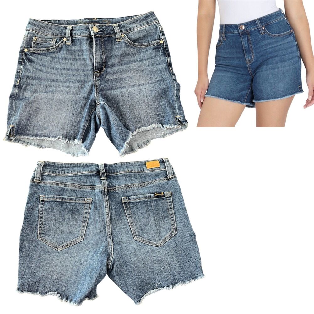 Seven7 Denim Shorts Size 8 Medium Wash Cutoff Raw Hem Stretch Jean Shorts - Picture 8 of 8